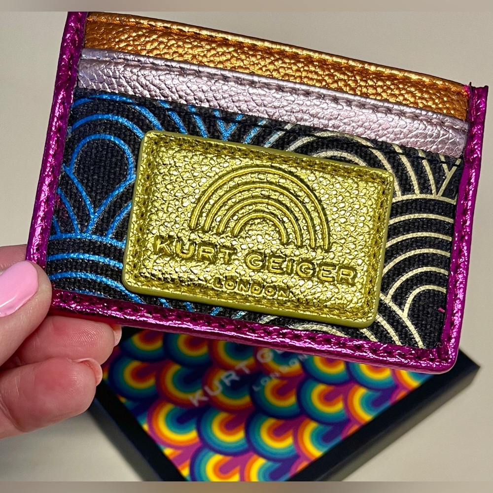 Kurt Geiger Rainbow Card Holder Yellow logo Patch multicolor Metallic NIB Unisex
